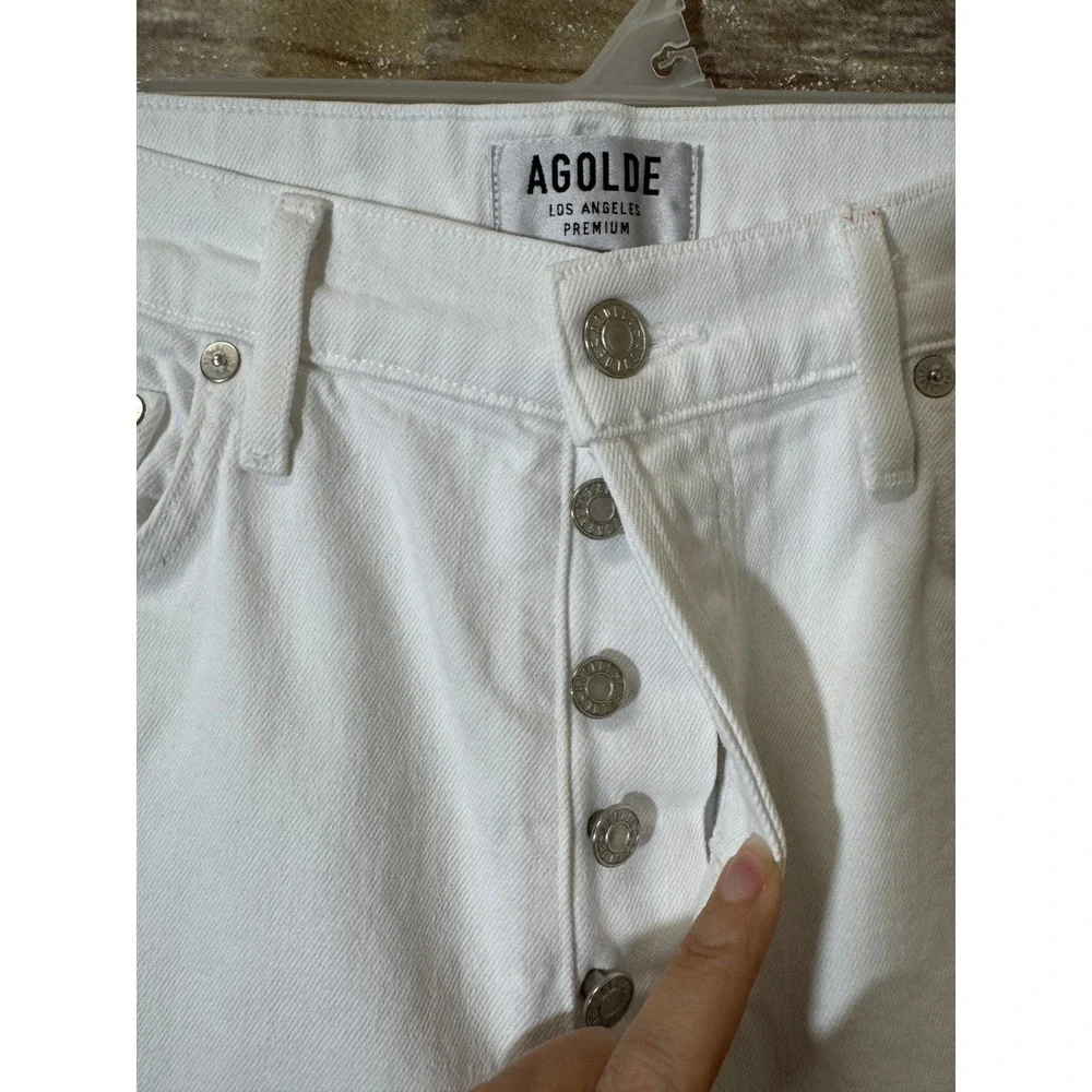 Agolde Nico High Rise Slim Jeans White Raw Hem Button Fly 28 Ankle Coastal Chic